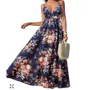 Cupshe Navy Floral Maxi Dress Spaghetti Strap V Neck‎ Bohemian Resort Size L-NEW